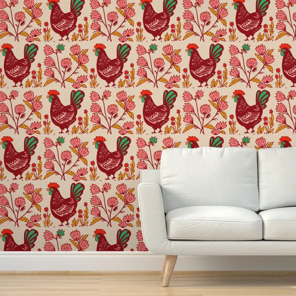 Farmfolk Chicken Floral Peel and Stick Wallpaper - Burgundy product