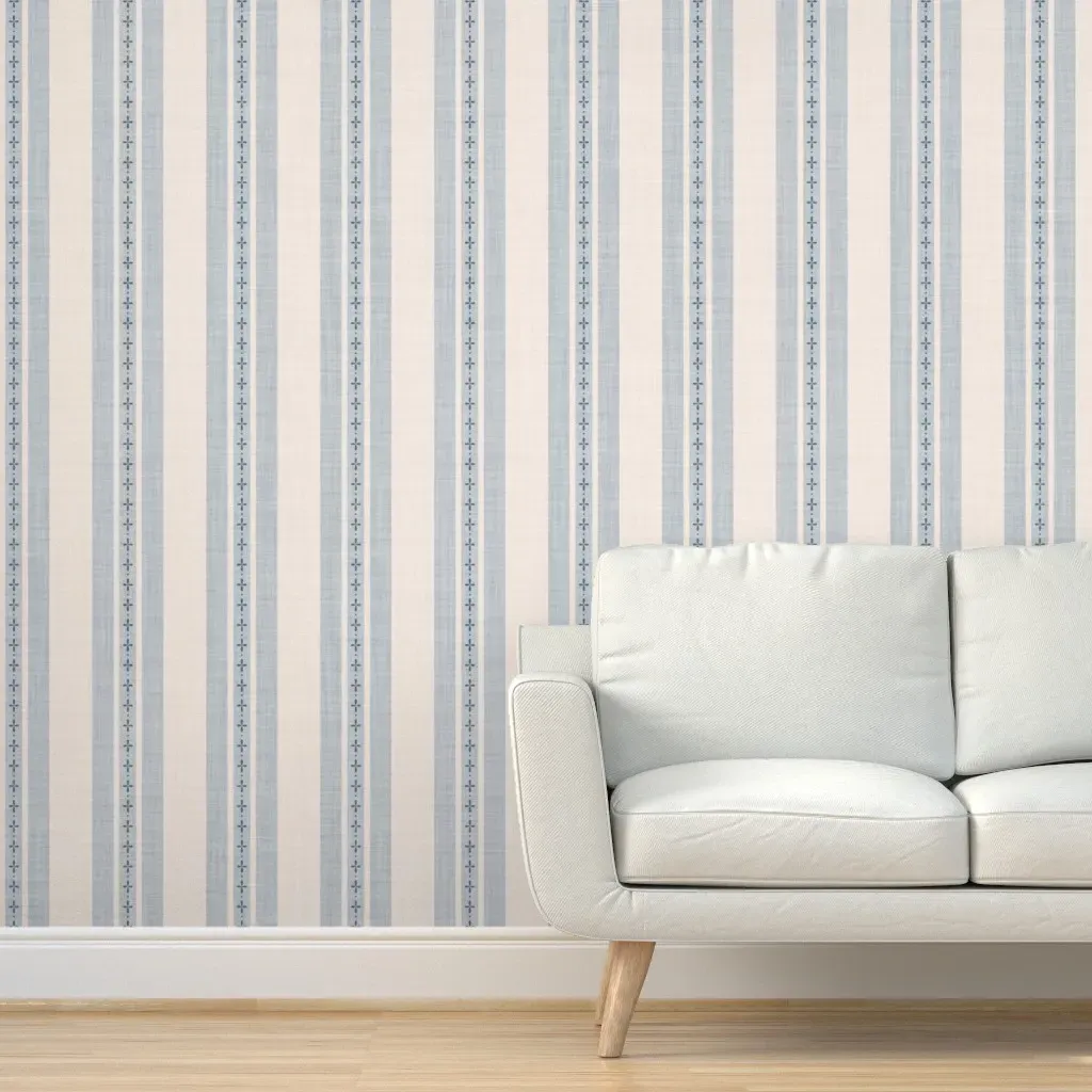 Farmhouse Ticking Stripe Peel and Stick Wallpaper - Light Blue, Linen product