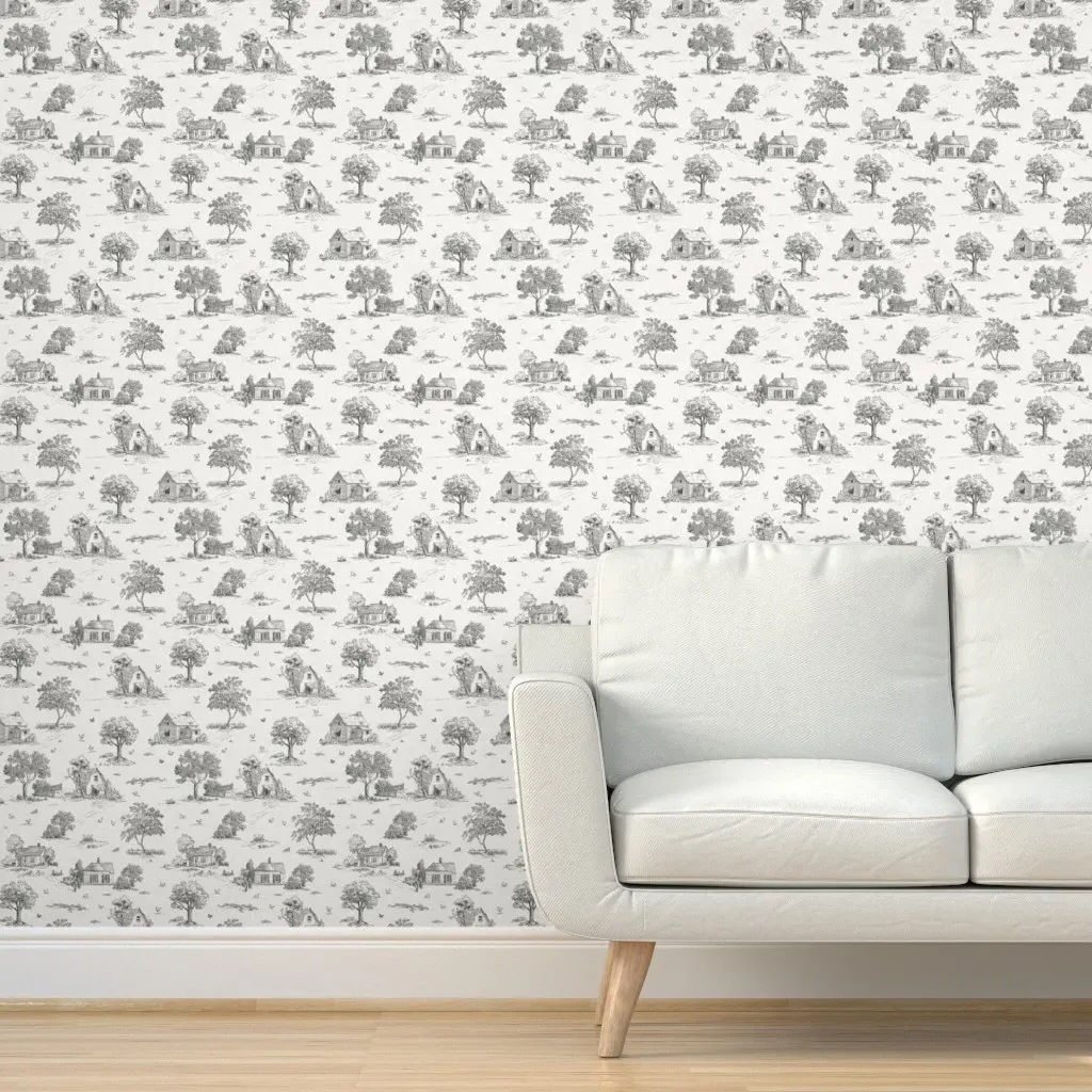 Farmhouse Toile Vintage Rural Scene Wallpaper - Black & Creamy White product