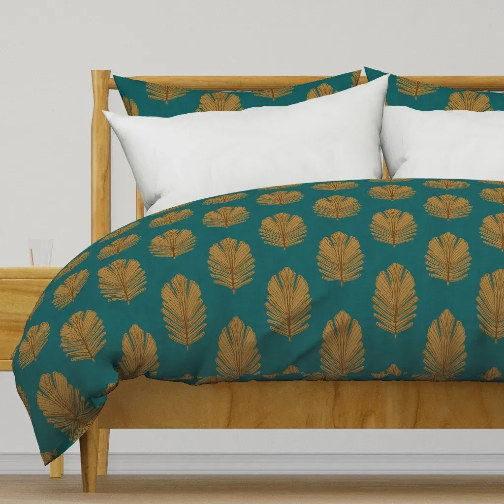 Feather Palm On Dark Teal Duvet Cover - Gold product