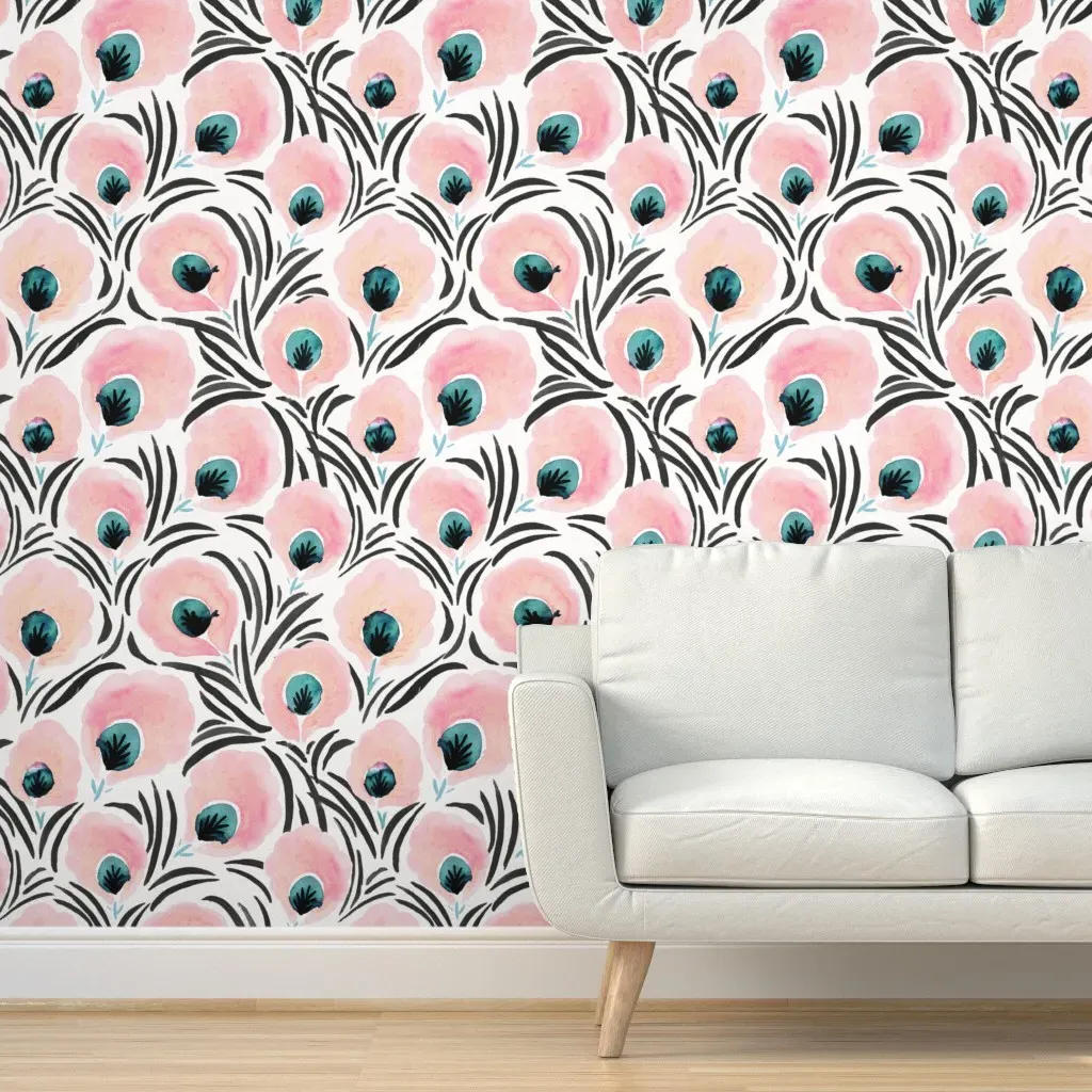 Feathered Flowers Peel and Stick Wallpaper - Blush Pink product