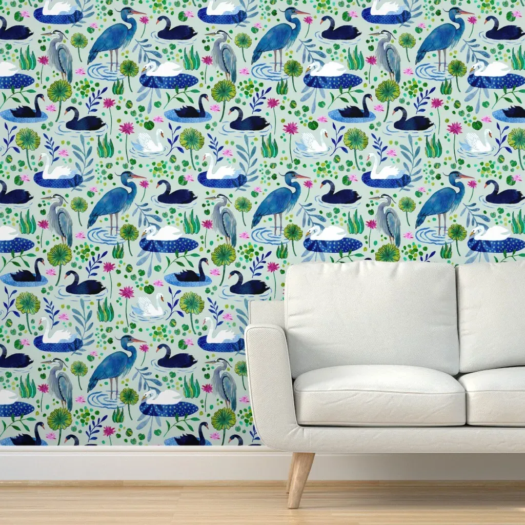 Feathered Lily Pond Peel and Stick Wallpaper - Blue product