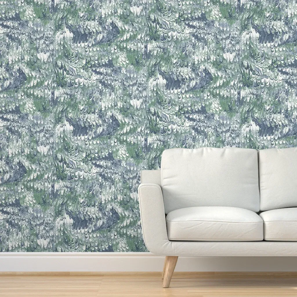 Feathered Marble Peel and Stick Wallpaper - Green, Indigo Blue product