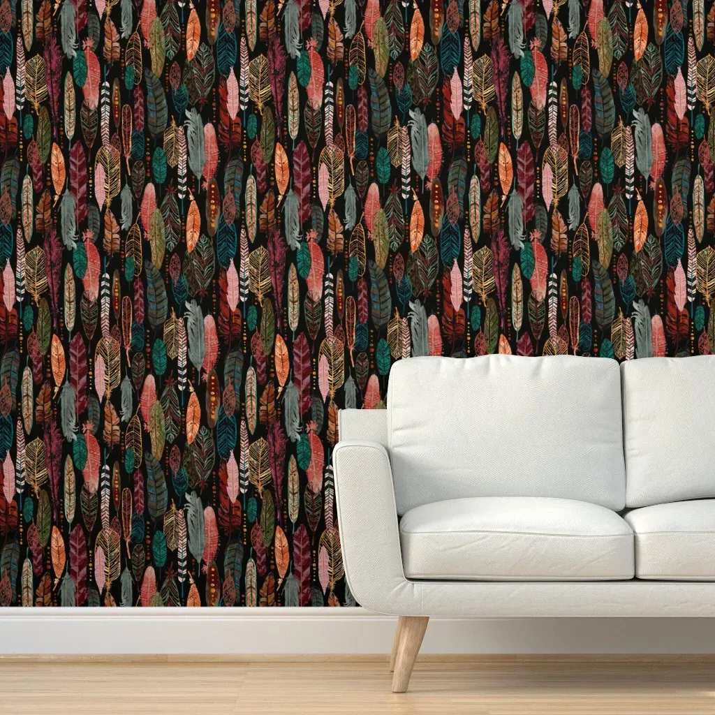 Feathers Peel and Stick Wallpaper - Dark Teal, Black product
