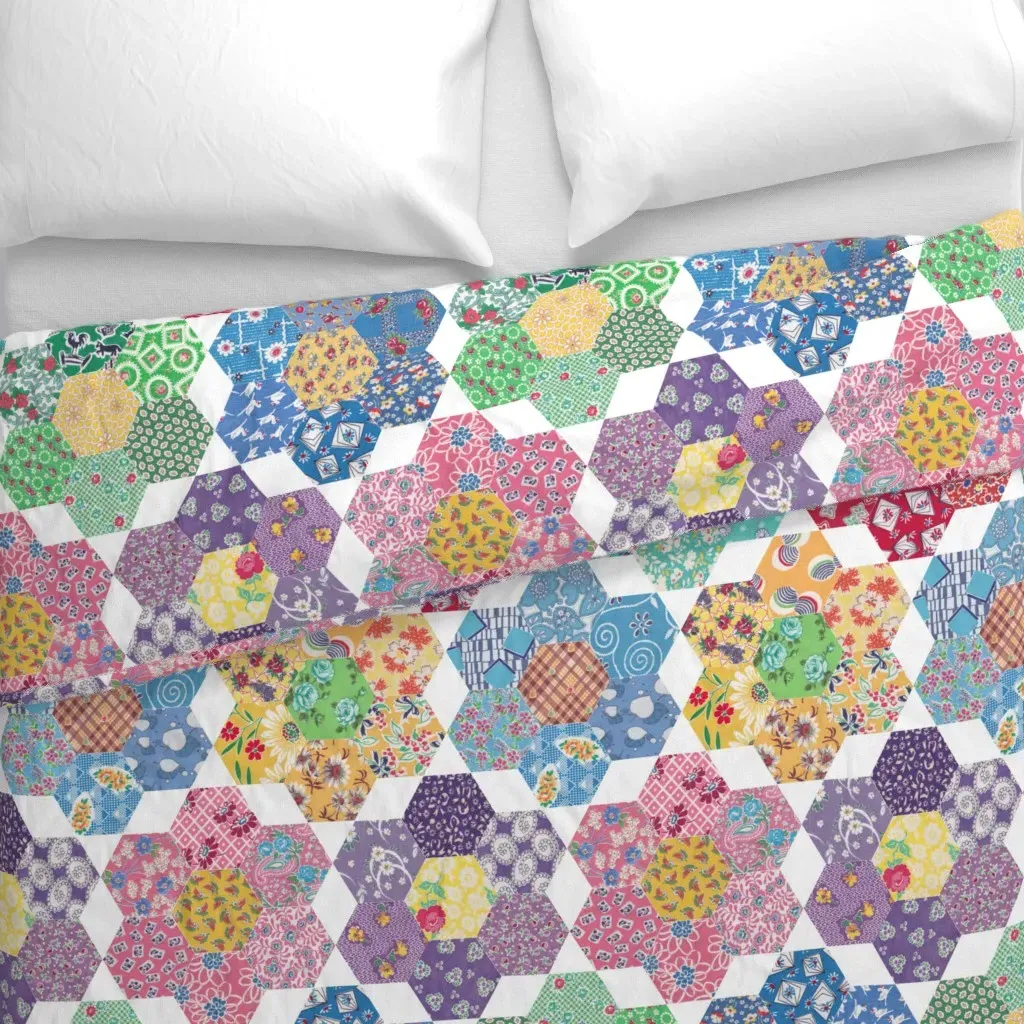 Feedsack Hexies Cheater Quilt Duvet Cover - Teal alternate view
