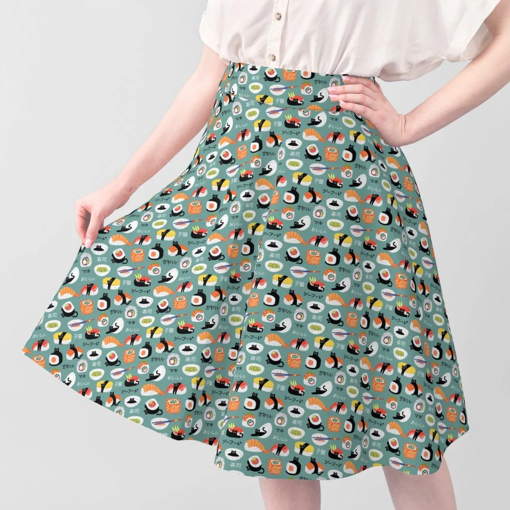 Feline Fishy Sushi Japanese Typography Small Scale Fabric - Teal alternate view