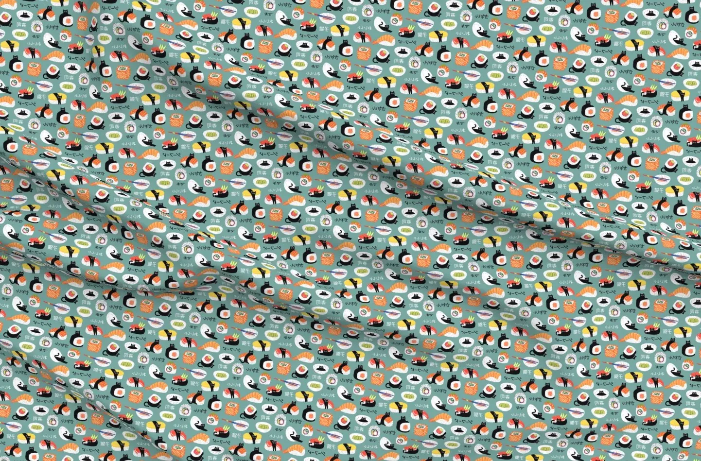 Feline Fishy Sushi Japanese Typography Small Scale Fabric - Teal product
