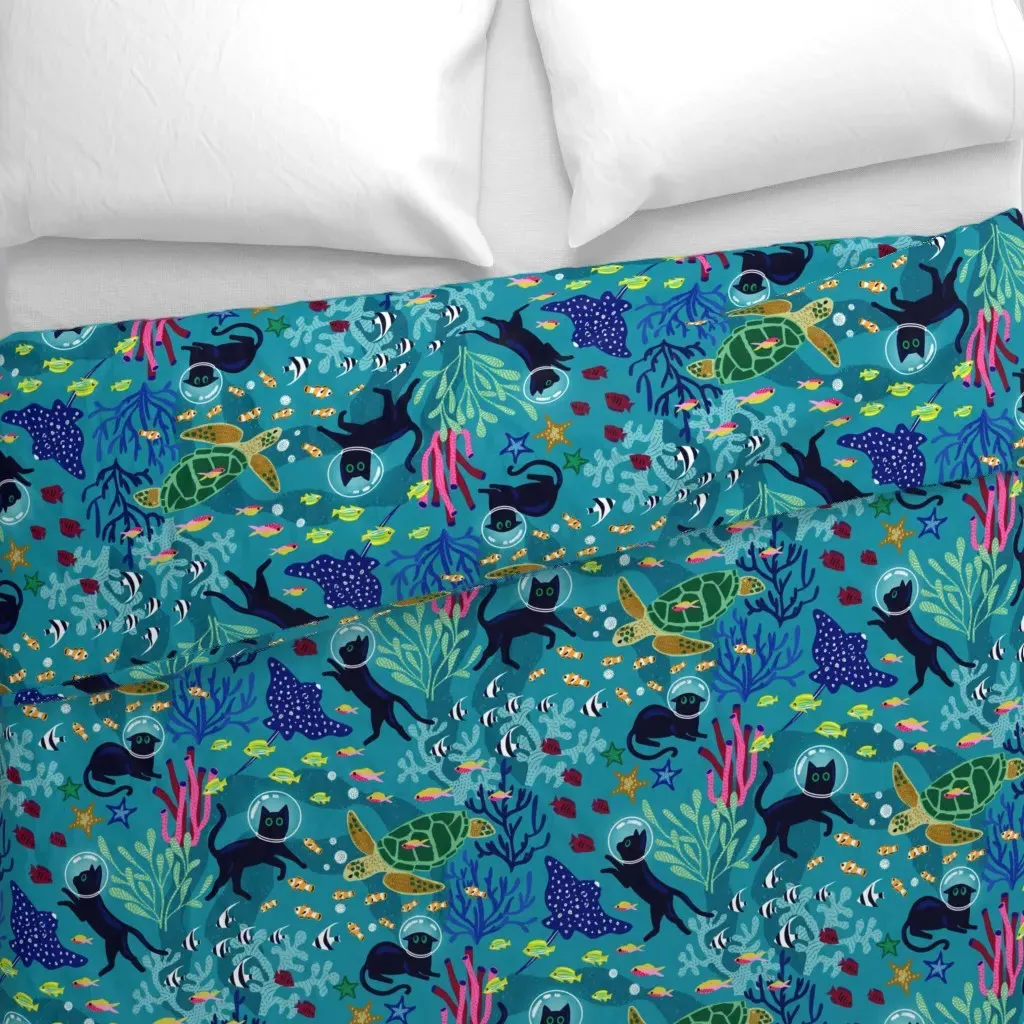 Feline Seabed Exploration Duvet Cover - Teal alternate view