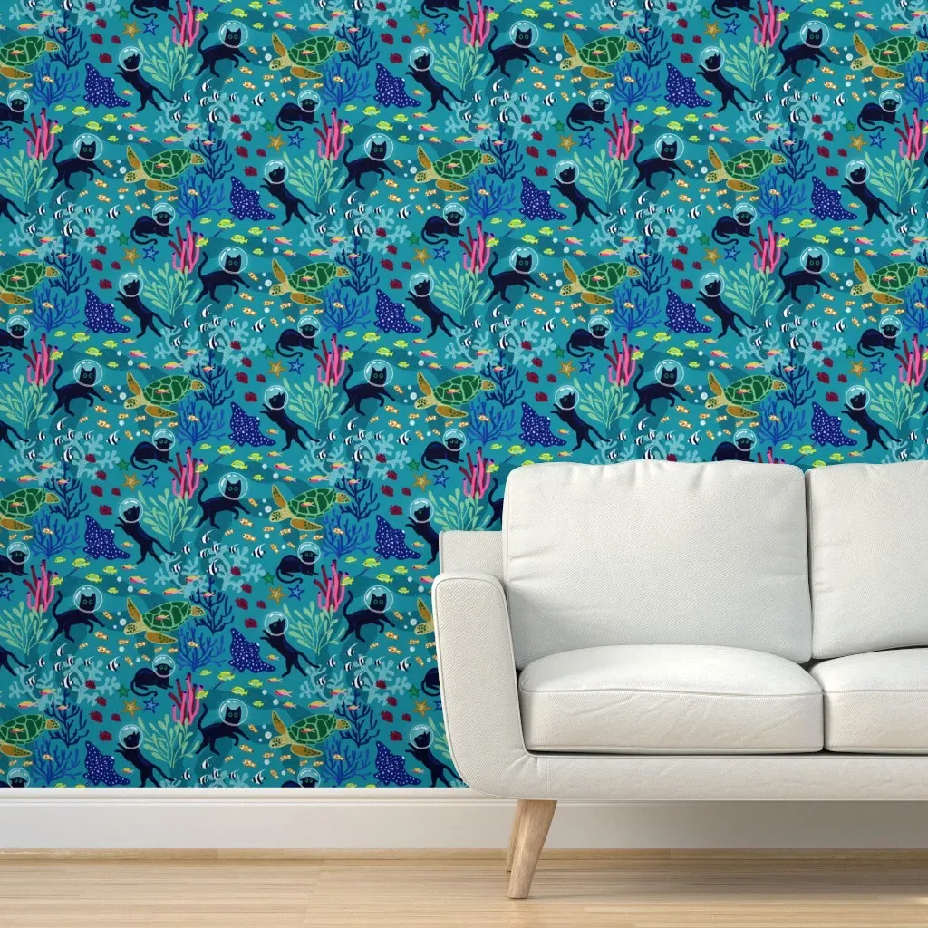 Feline Seabed Exploration Large Scale Peel and Stick Wallpaper - Teal product