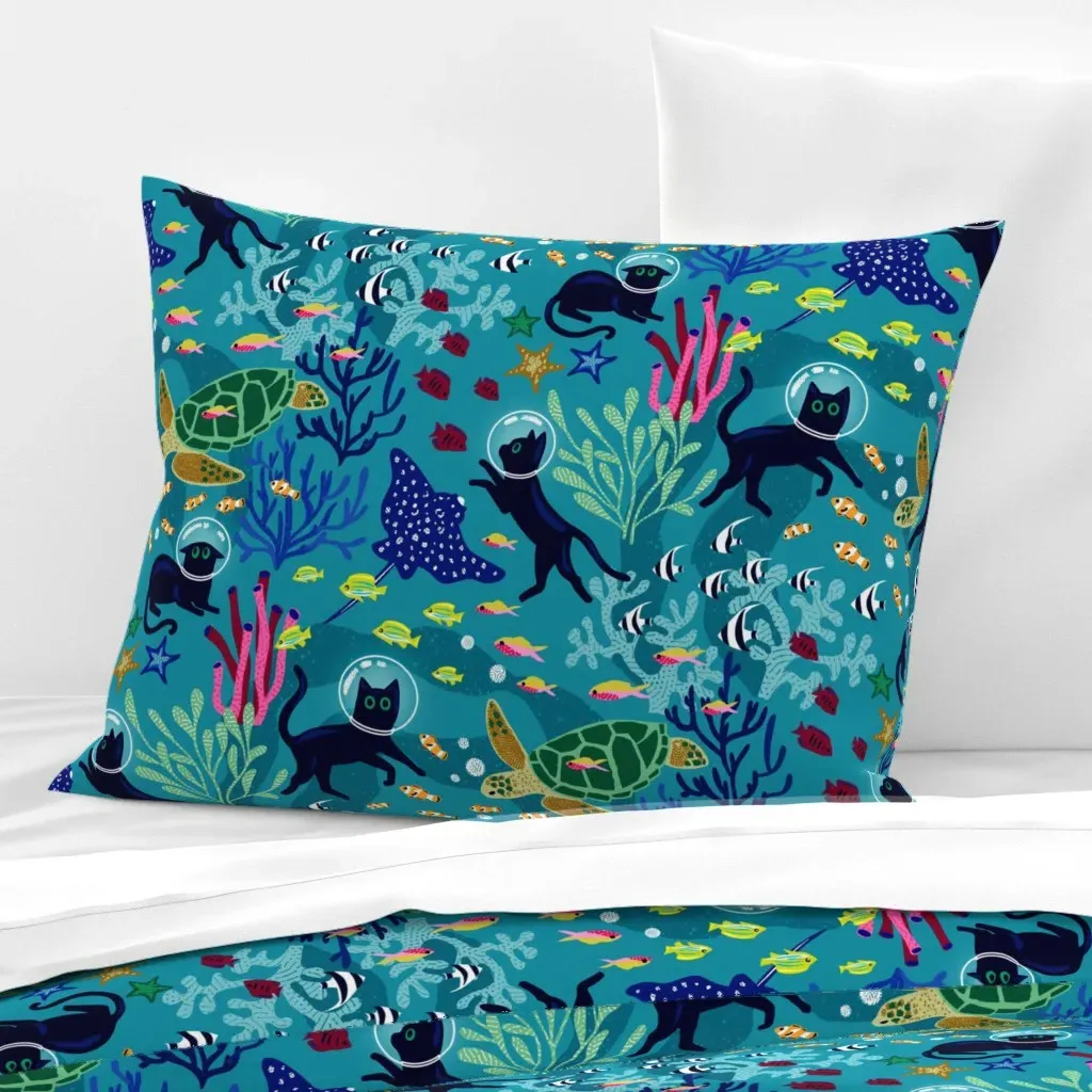 Feline Seabed Exploration Standard Knife Edge Cushion Cover - Teal, Cotton Sateen product