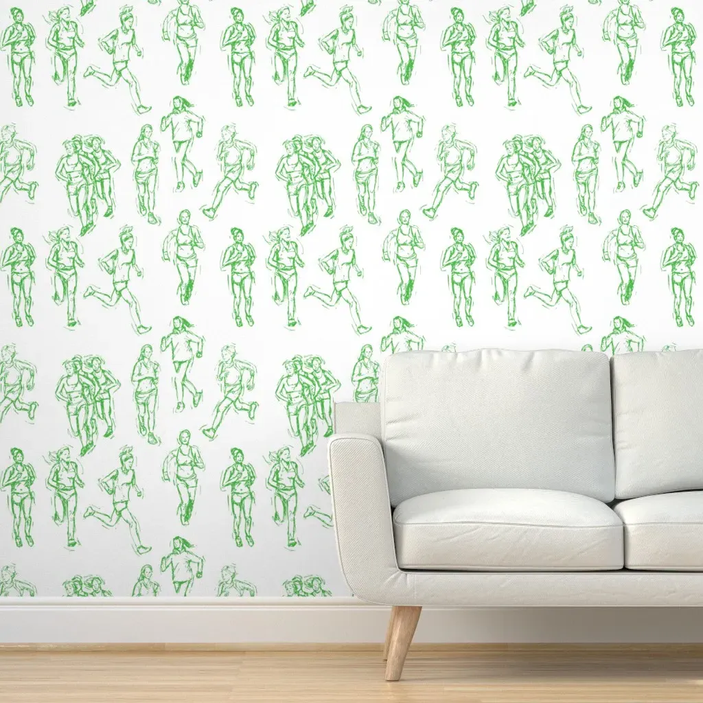 Female Runners Peel and Stick Wallpaper - Green, White product