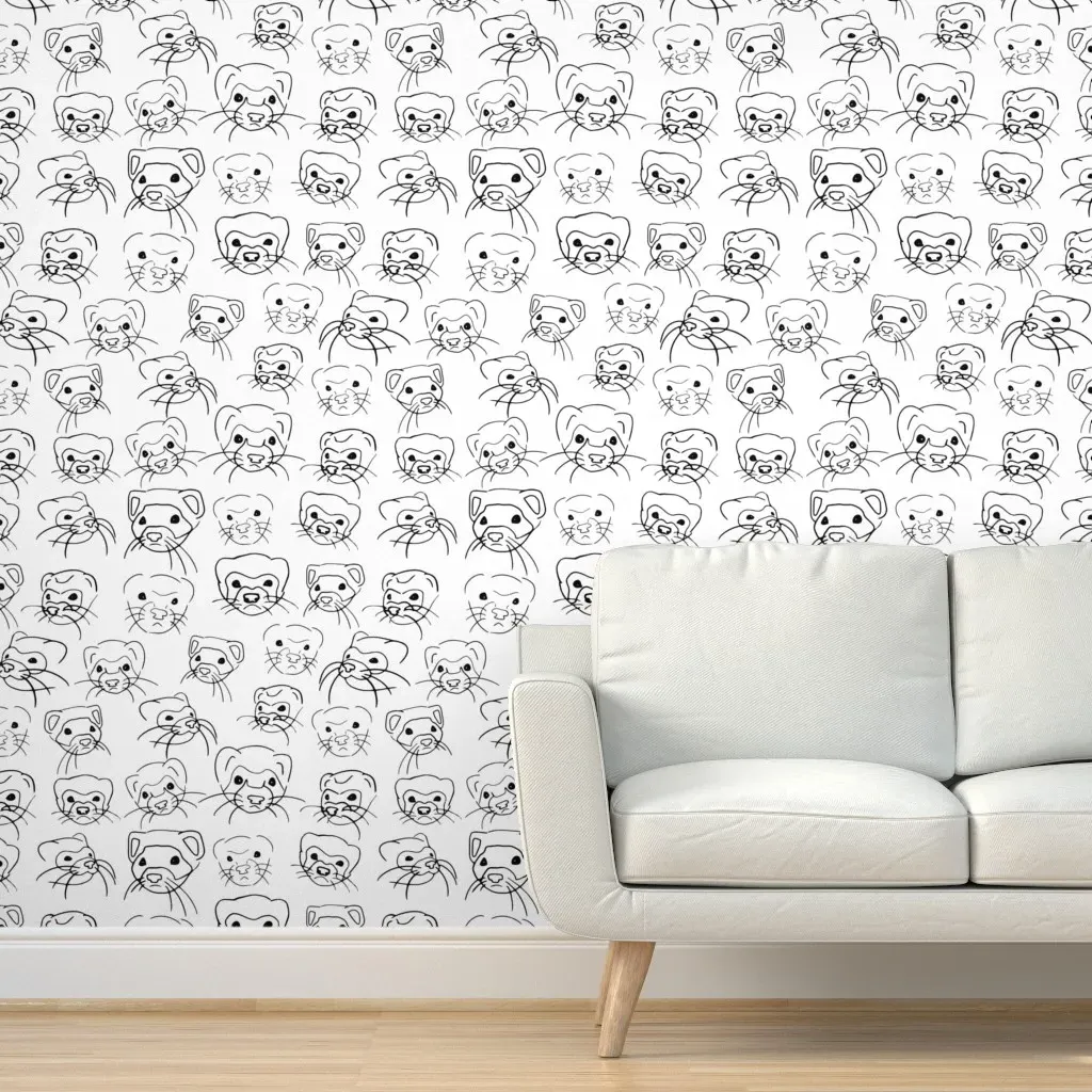 Ferret Faces Line Art Sketch Peel and Stick Wallpaper - Black, White product