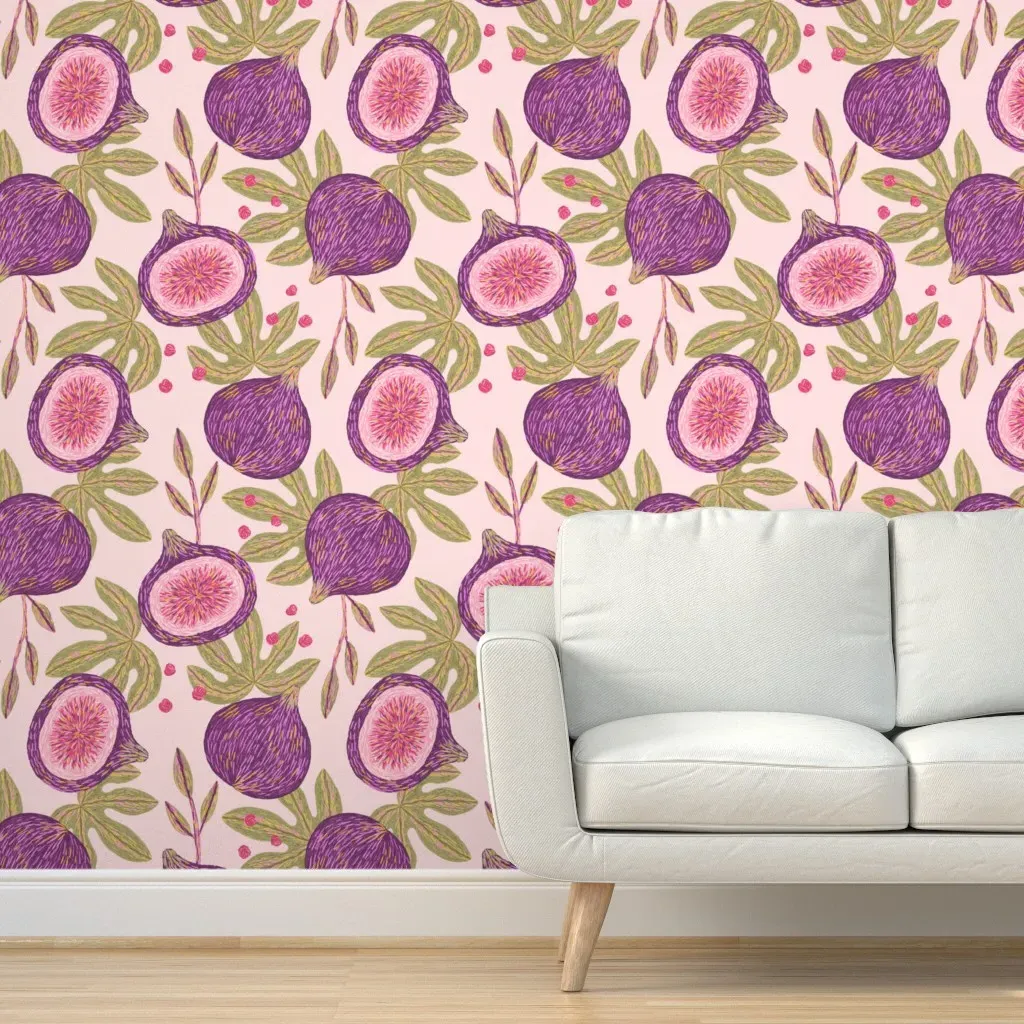 Figs And Leaves Embroidery Peel and Stick Wallpaper - Purple product