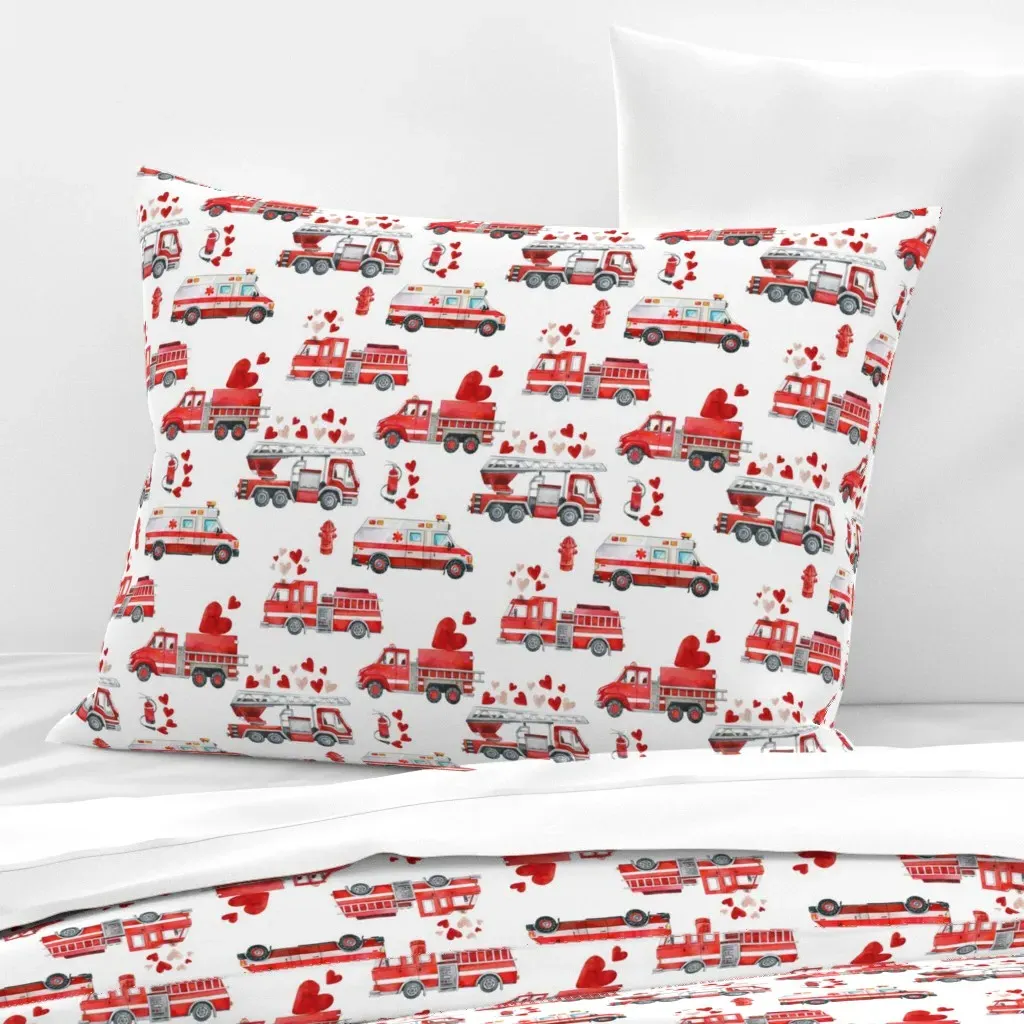 Fire Trucks & Hearts Standard Knife Edge Pillow - Red, Cotton Sateen product