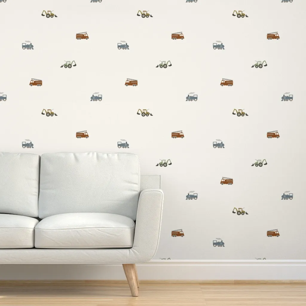 Firetrucks Trains And Tractors Peel and Stick Wallpaper - Off-White product