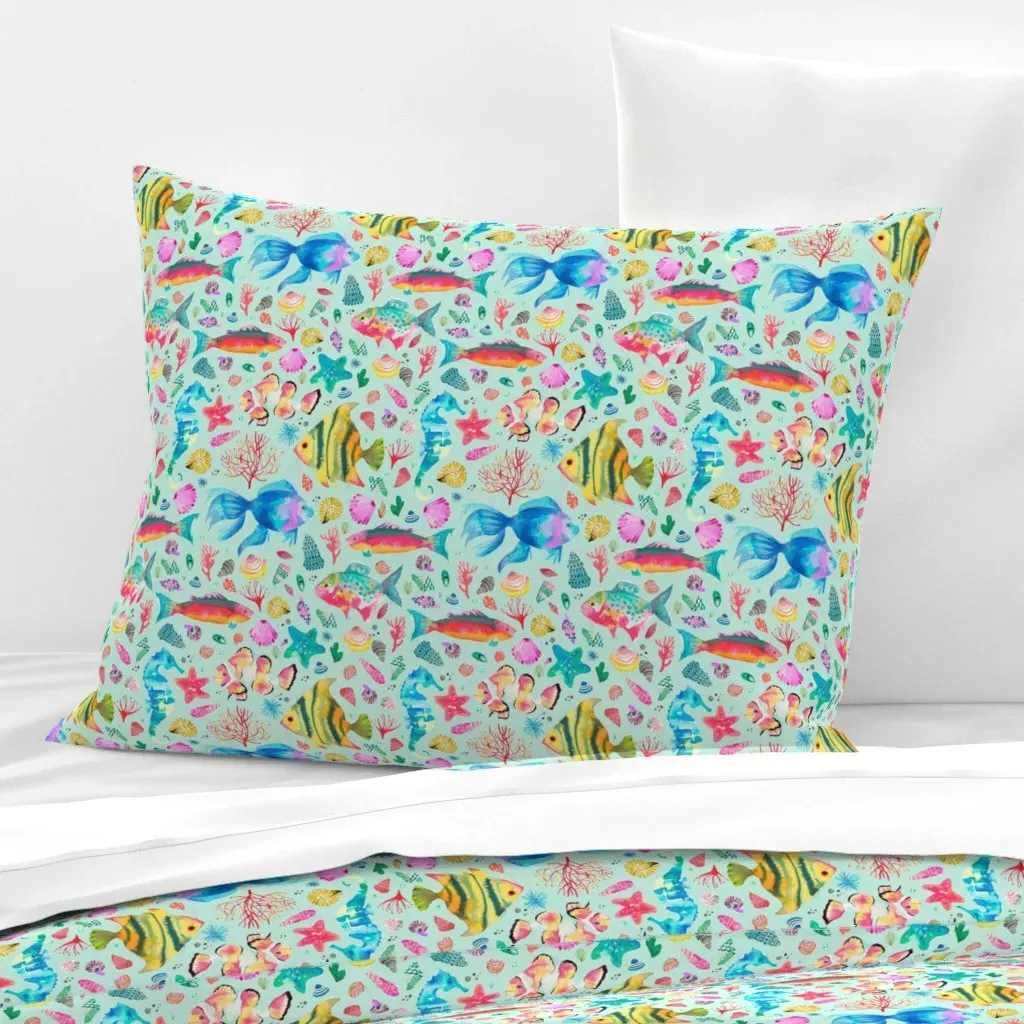Fish and Shells Ocean Standard Pillow Cover - Teal, Cotton Sateen product