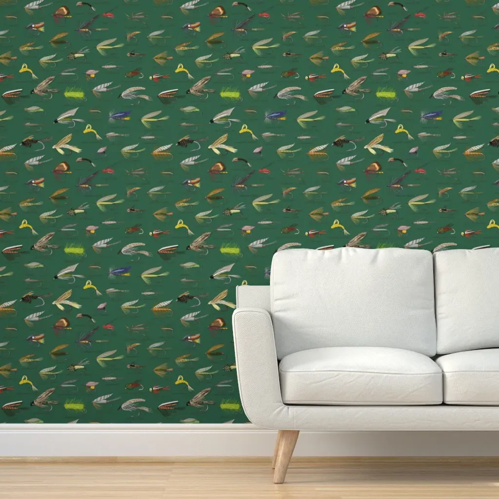 Fishing Flies Large Scale Peel and Stick Wallpaper - Teal product