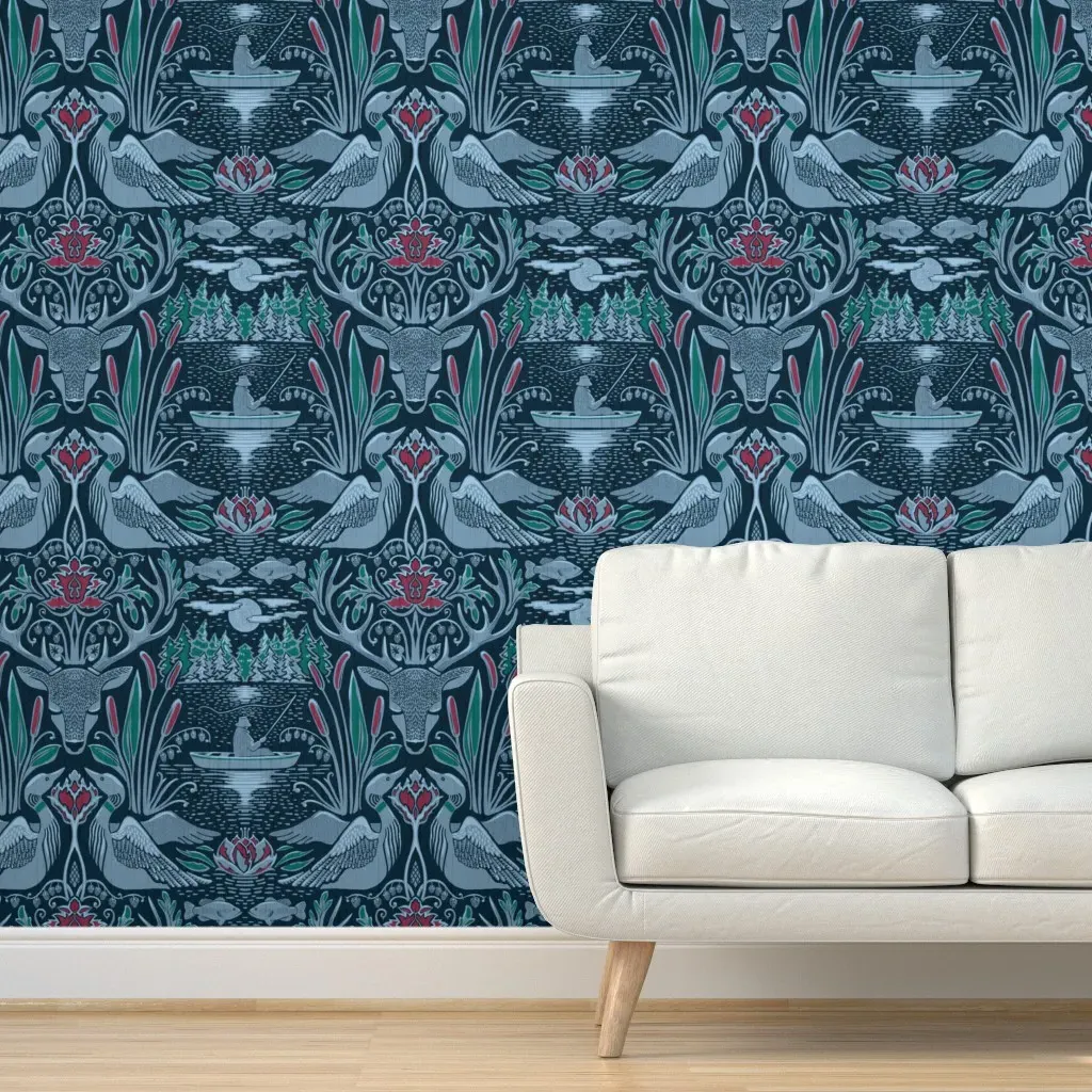 Fishing On Moonrise Lake Cabincore Damask Peel and Stick Wallpaper - Teal product