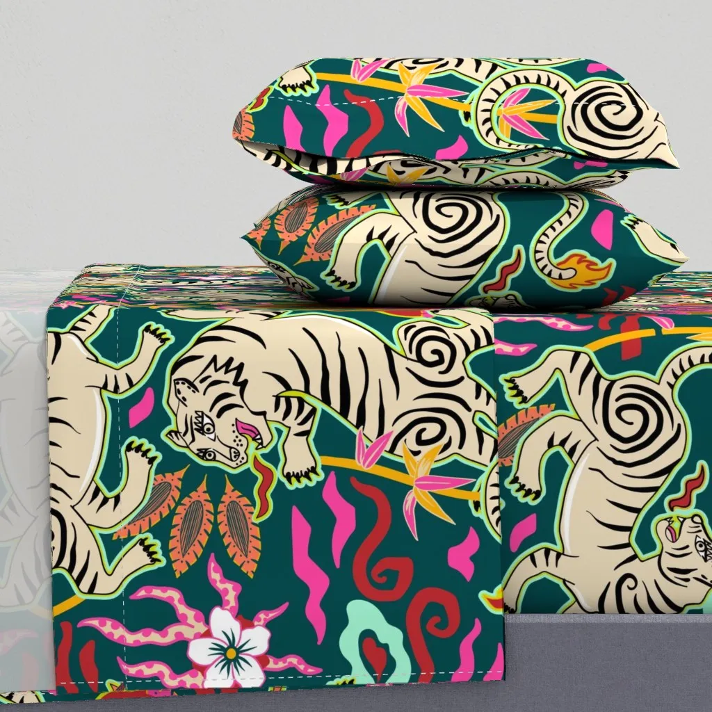 Flaming Spring Tigers Full Sheet Set - Teal product