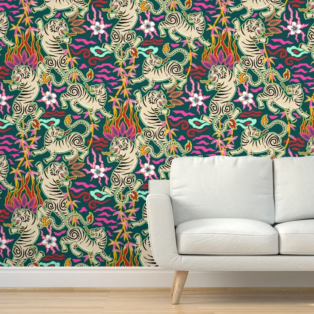 Flaming Spring Tigers Jumbo Peel and Stick Wallpaper - Teal product