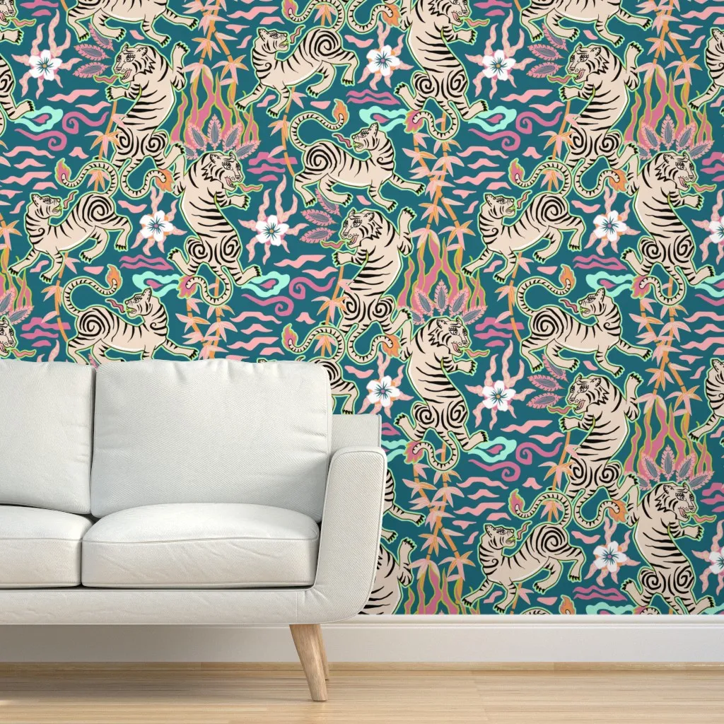 Flaming Spring Tigers Peel and Stick Wallpaper - Teal product