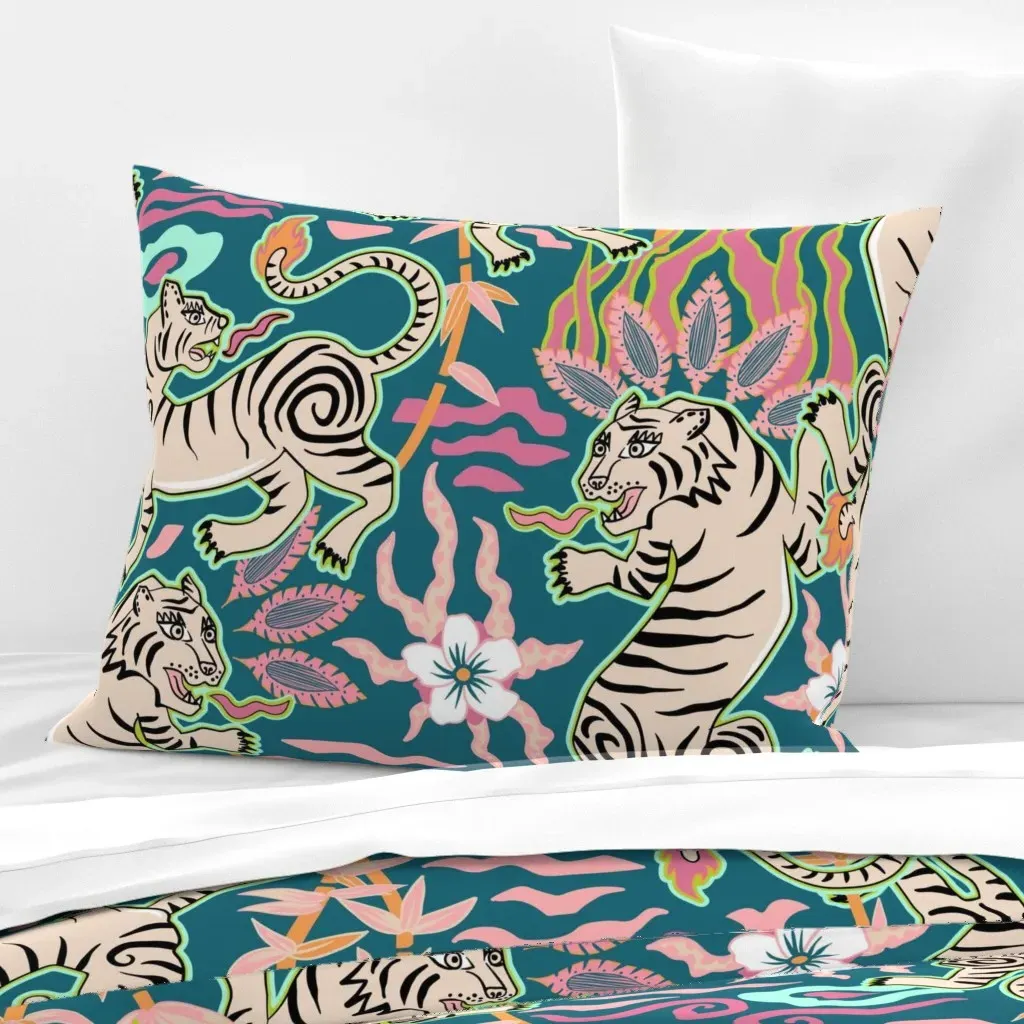 Flaming Spring Tigers Standard Knife Edge Pillow - Teal, Cotton Sateen product