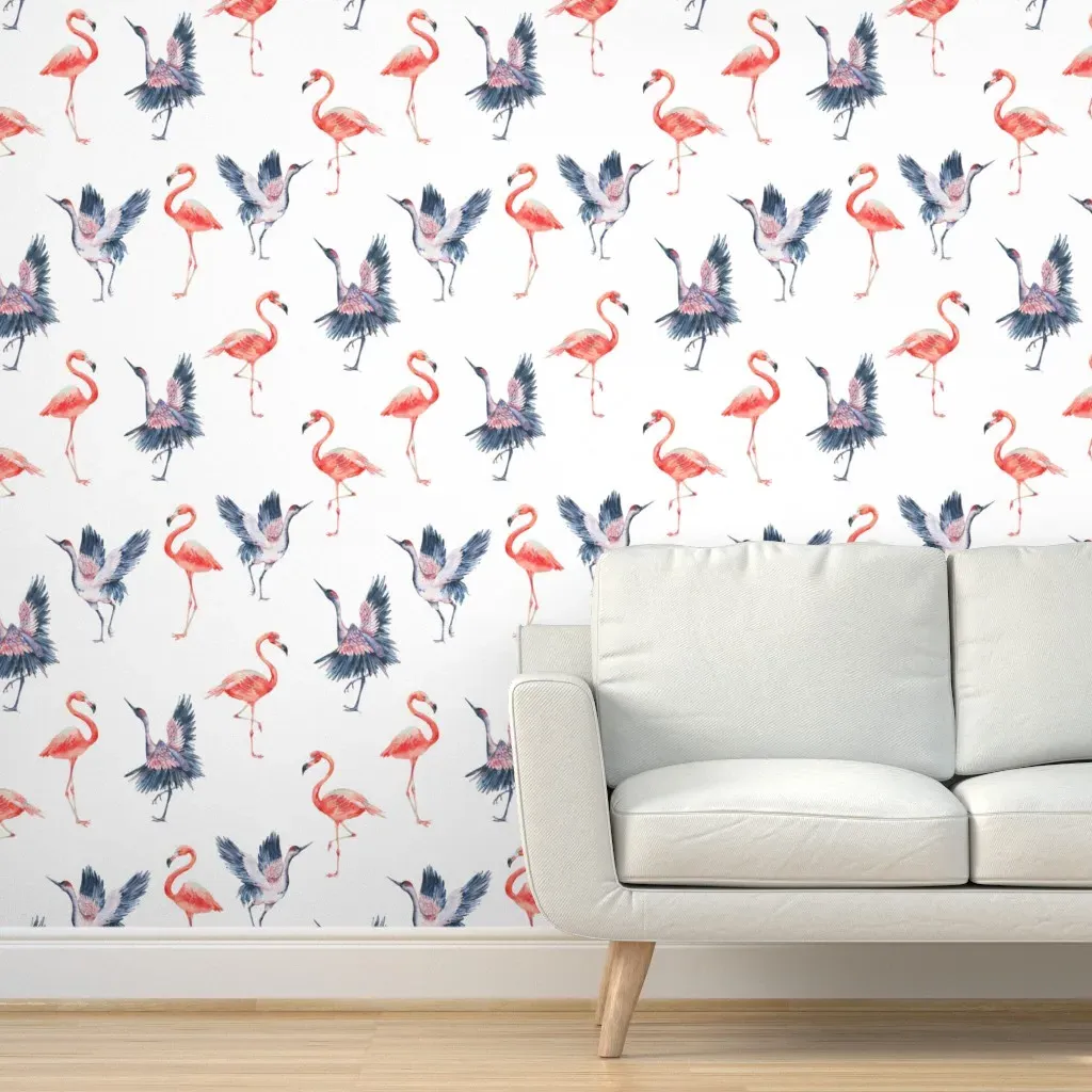 Flamingo and Crane Birds Peel and Stick Wallpaper - Pink, White product