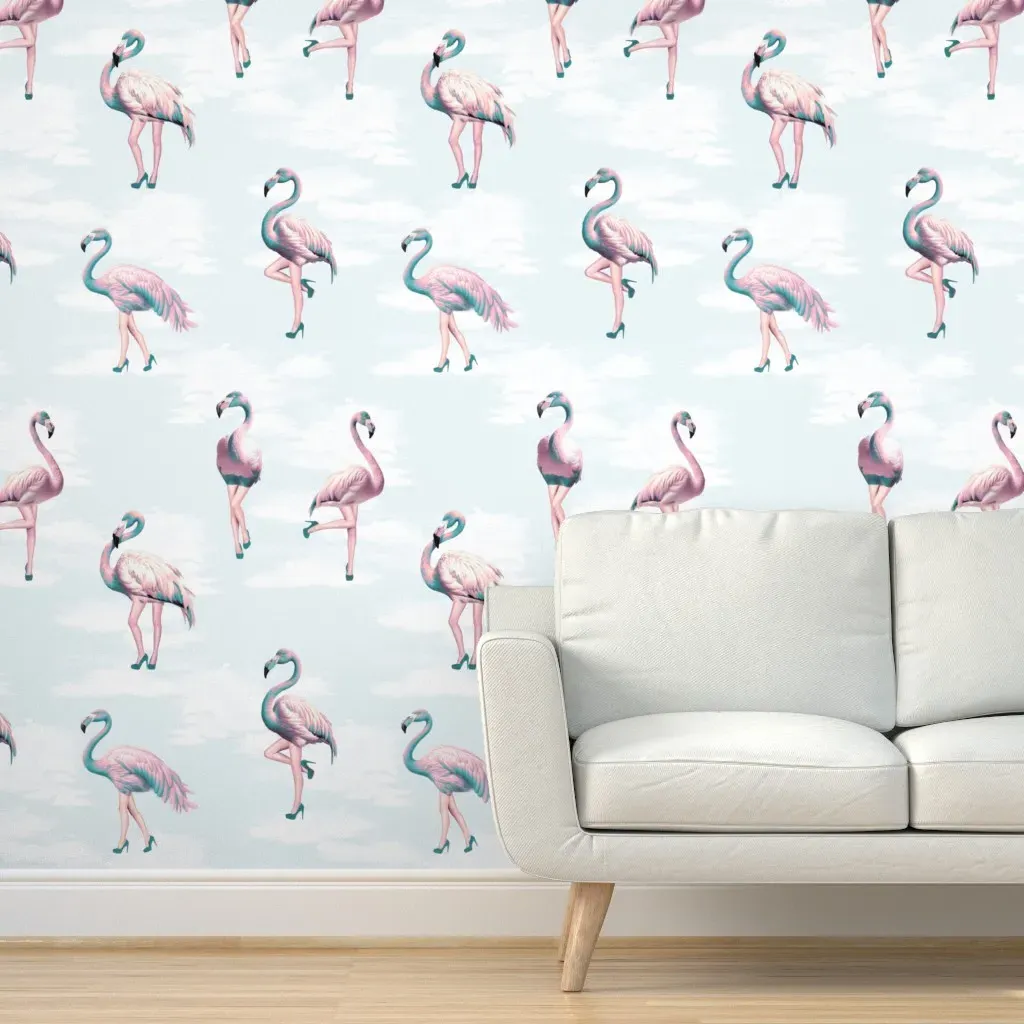 Flamingo Girls Peel and Stick Wallpaper - Aqua Blue Teal Pink product