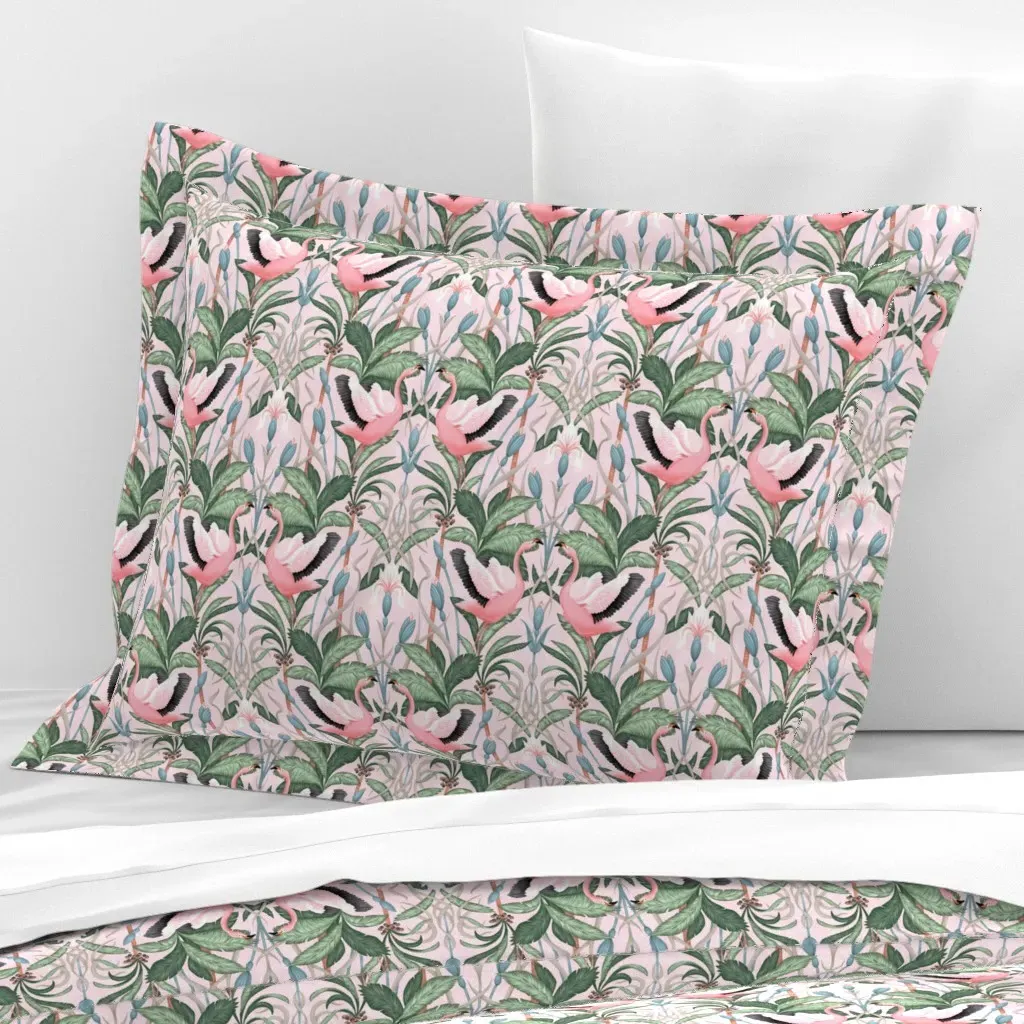 Flamingo Palm Nouveau Standard Flanged Cushion Cover - Pink, Cotton Sateen product