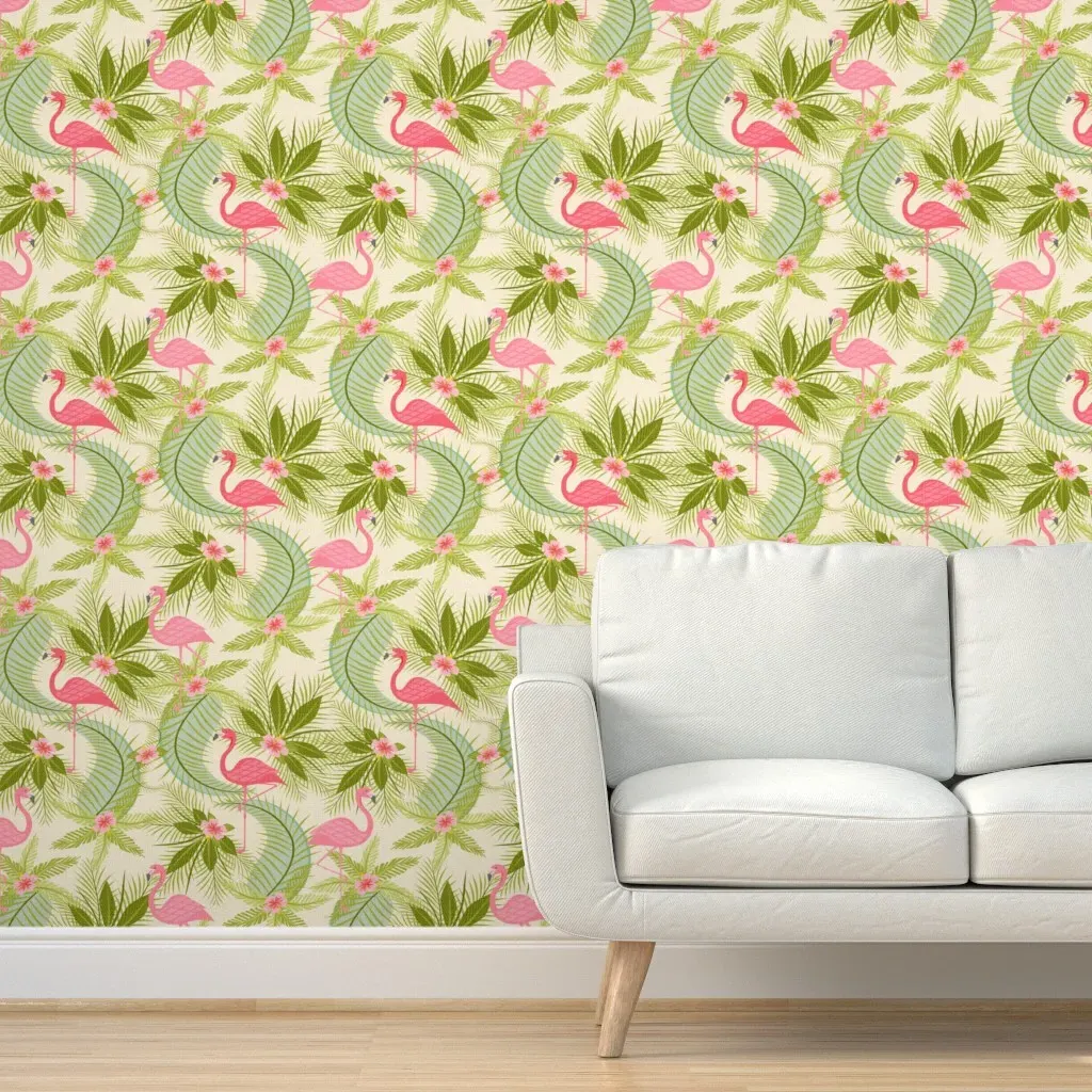 Flamingo Paradiso Peel and Stick Wallpaper - Green, Pink, Yellow product