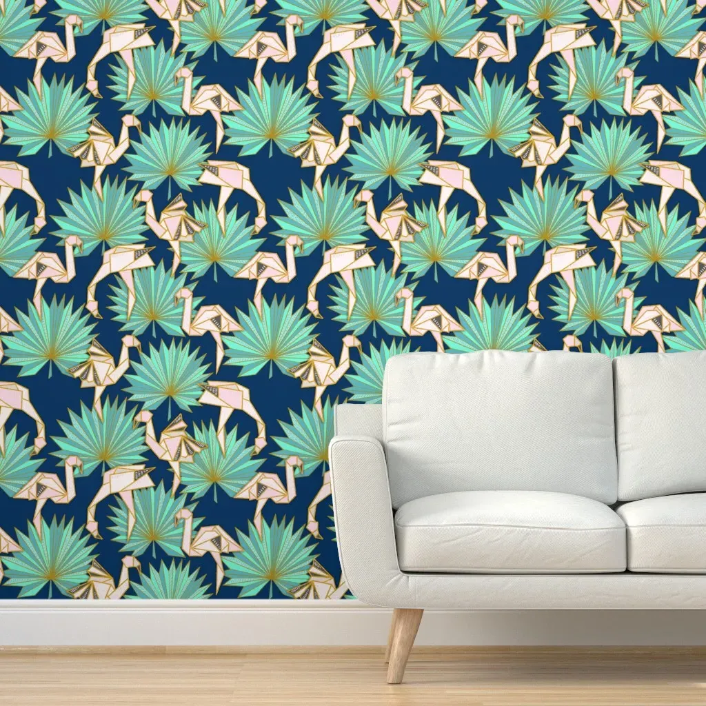 Flamingoes & Palms Origami Peel and Stick Wallpaper - Navy, Pink product