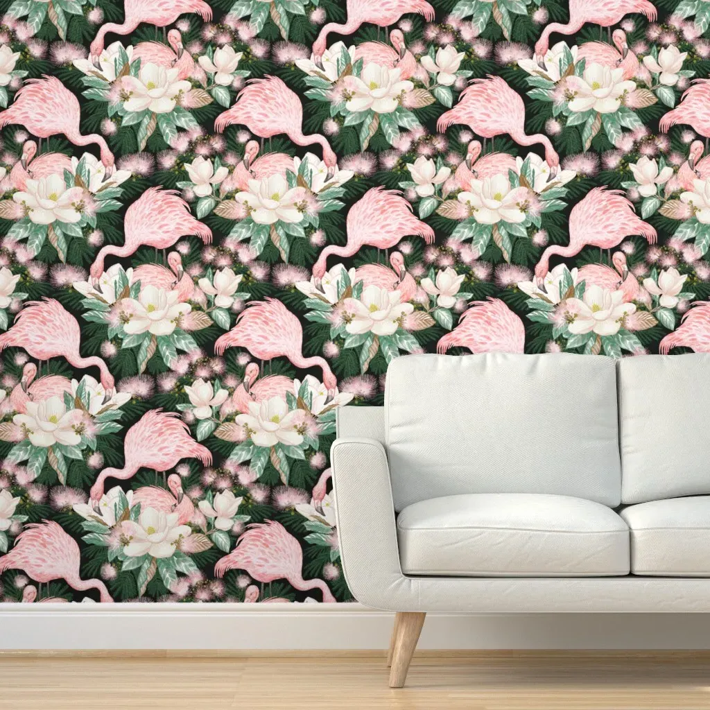 Flamingos Nesting In Magnolias Peel and Stick Wallpaper - Black product