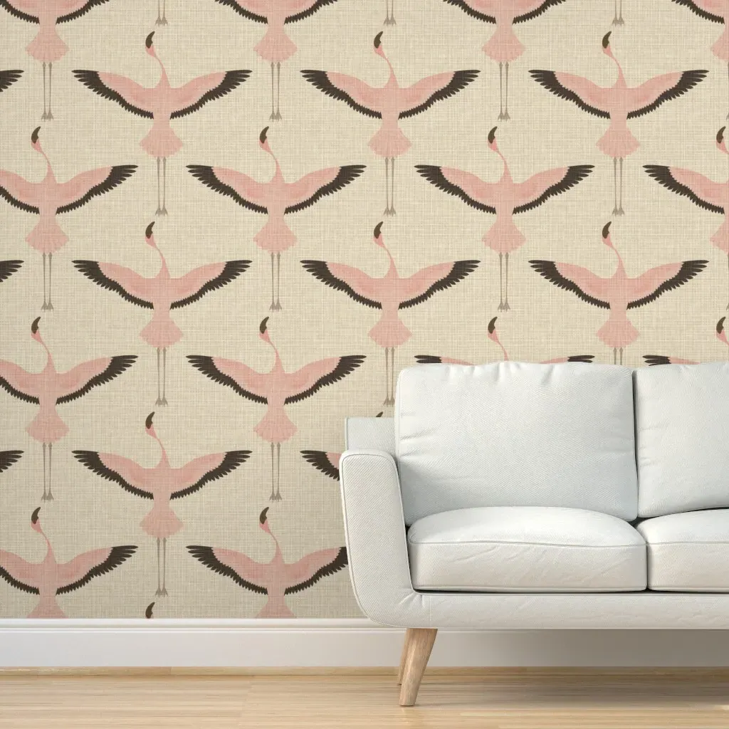 Flamingos on Natural Linen Peel and Stick Wallpaper - Beige, Pink product