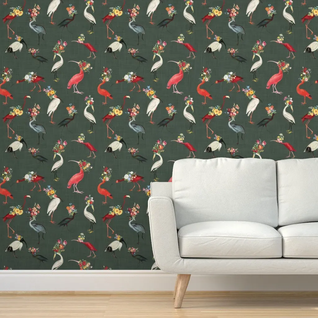 Flamingos With Flowers Peel and Stick Wallpaper - Teal product