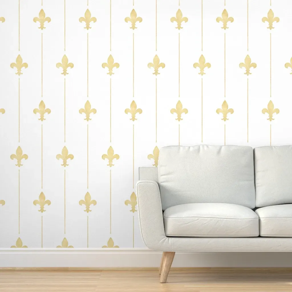 Fleur-De-Lis Vertical Lines Peel and Stick Wallpaper Large Scale - Gold, White product