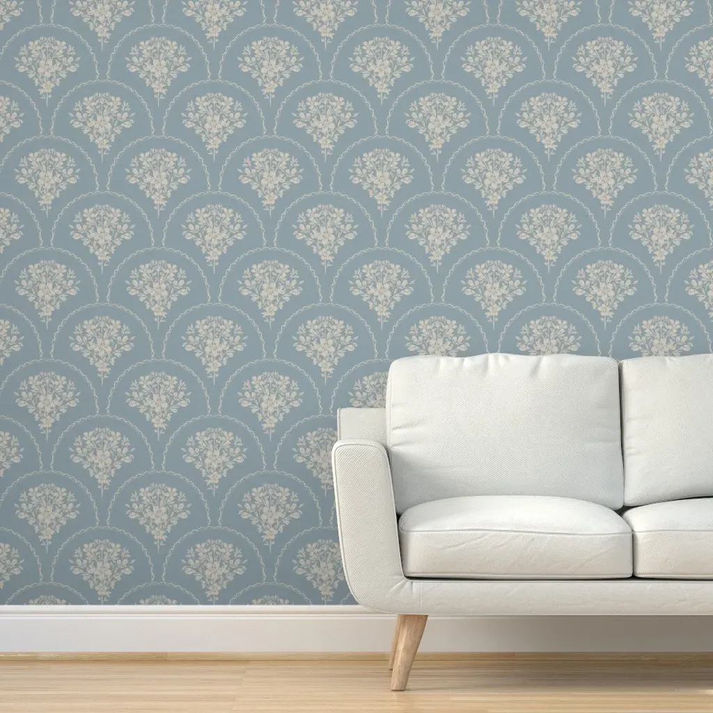 Fleur French Provincial Scallop Florals Peel and Stick Wallpaper - Blue & Beige product