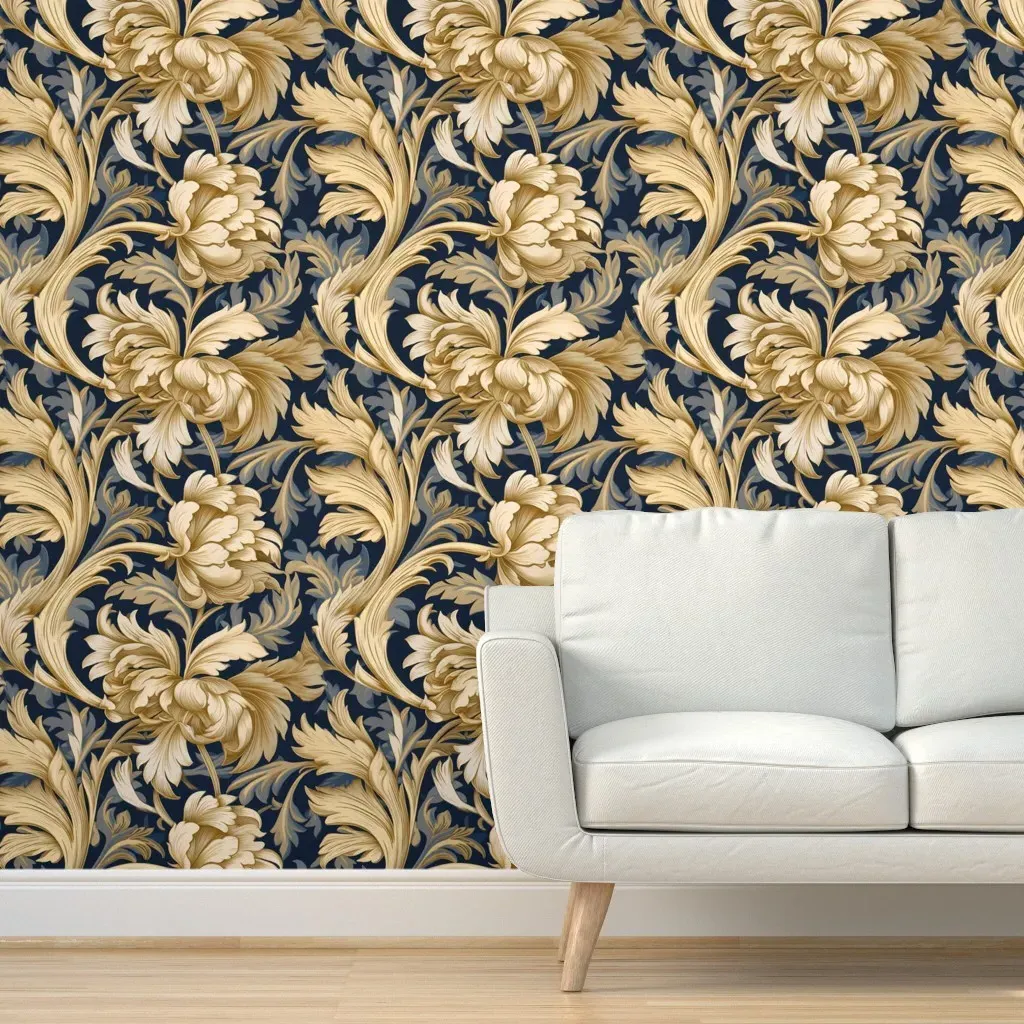 Fleur Peel and Stick Wallpaper - Gold, Cream on Navy product