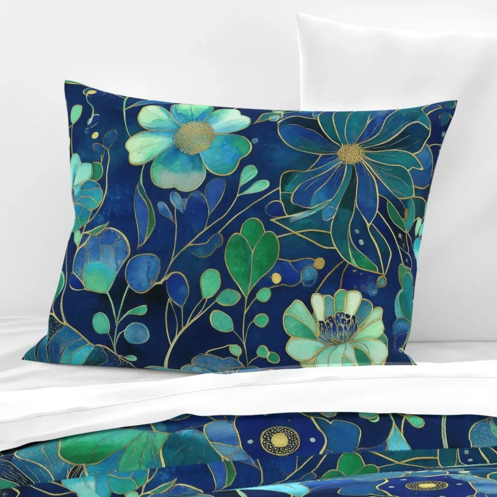 Floral Abstract Jewel Tones Standard Knife Edge Pillow - Teal, Cotton Sateen product