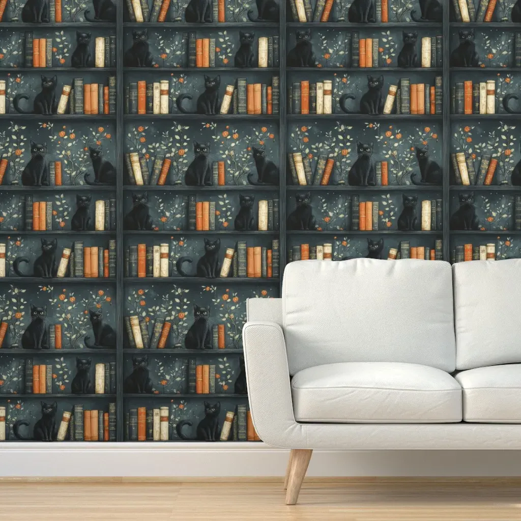 Floral Books Black Cats Peel and Stick Wallpaper - Dark Teal product