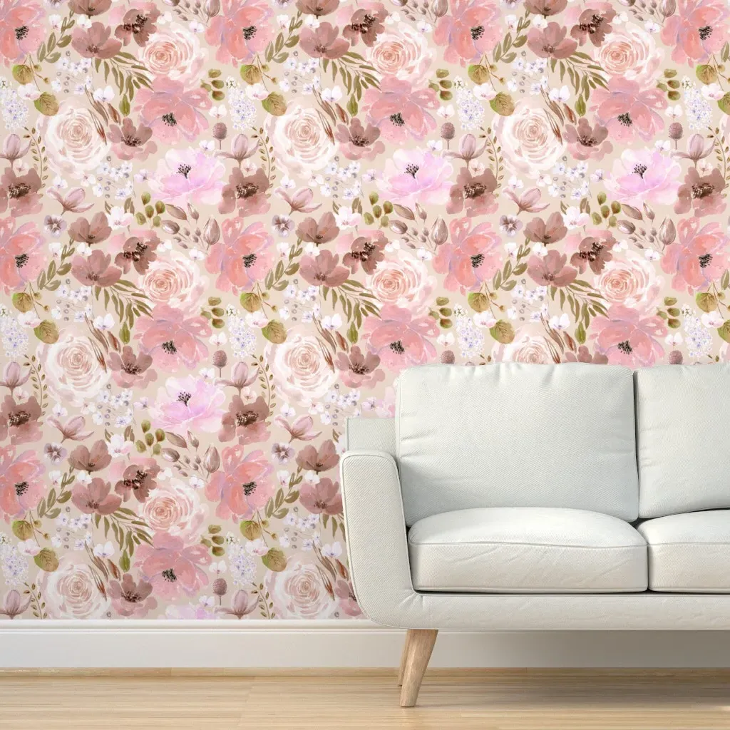 Floral Chaos Watercolor Peel and Stick Wallpaper - Blush Pink product