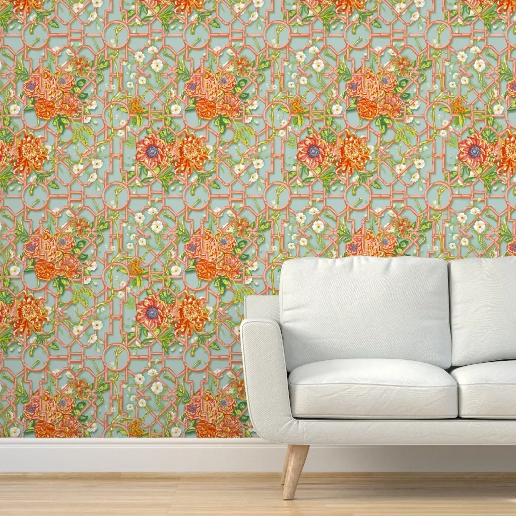 Floral Chinoiserie Bamboo Trellis Peel and Stick Wallpaper - Coral Pink product