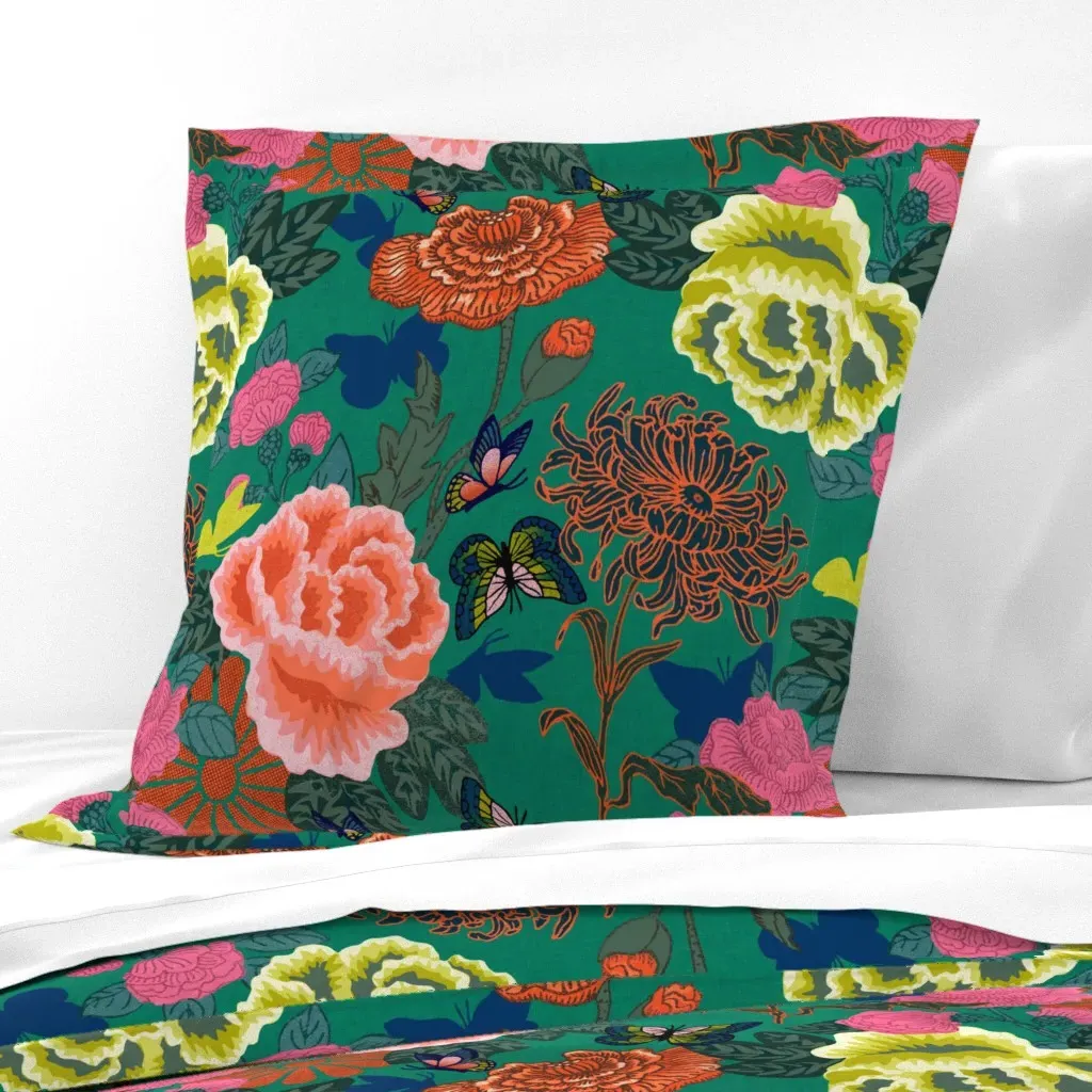 Floral Chinoiserie Roses & Chrysanthemums Euro Pillow Sham - Coral Pink, Linen product