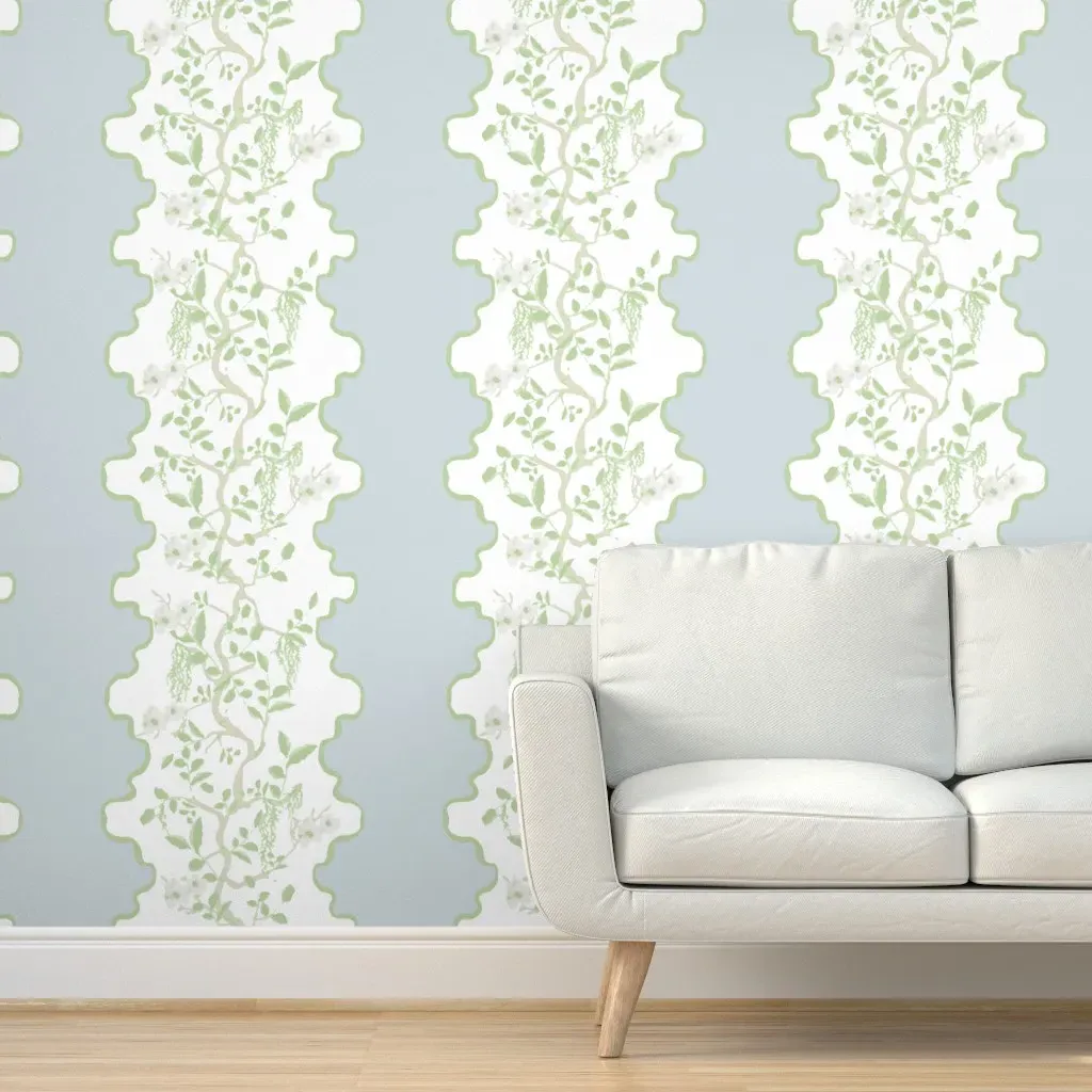 Floral Chinoiserie Stripe Peel and Stick Wallpaper - Blue Grey and Green product
