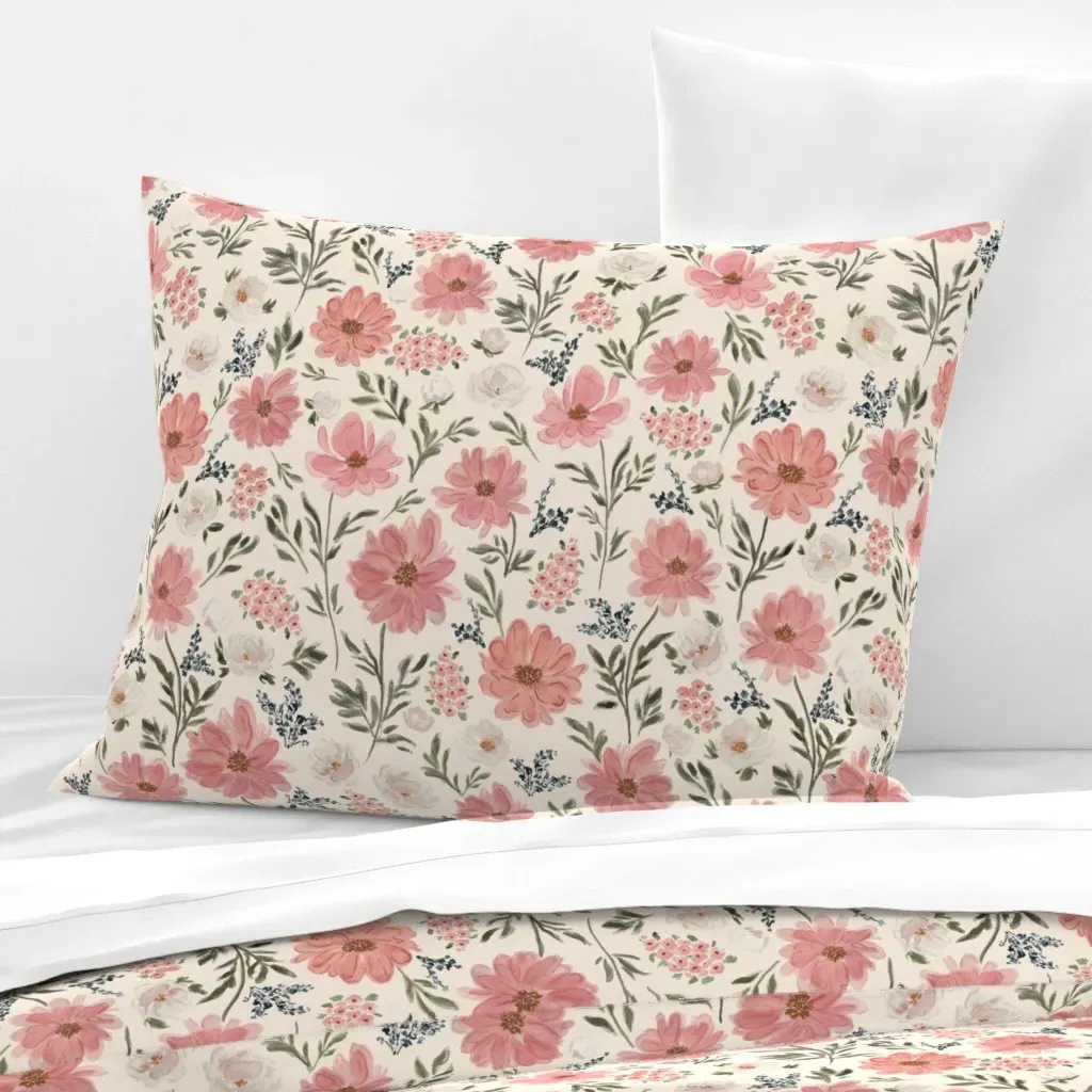 Floral Cosmos Roses Standard Cushion Cover - Dusty Rose, Cotton Sateen product