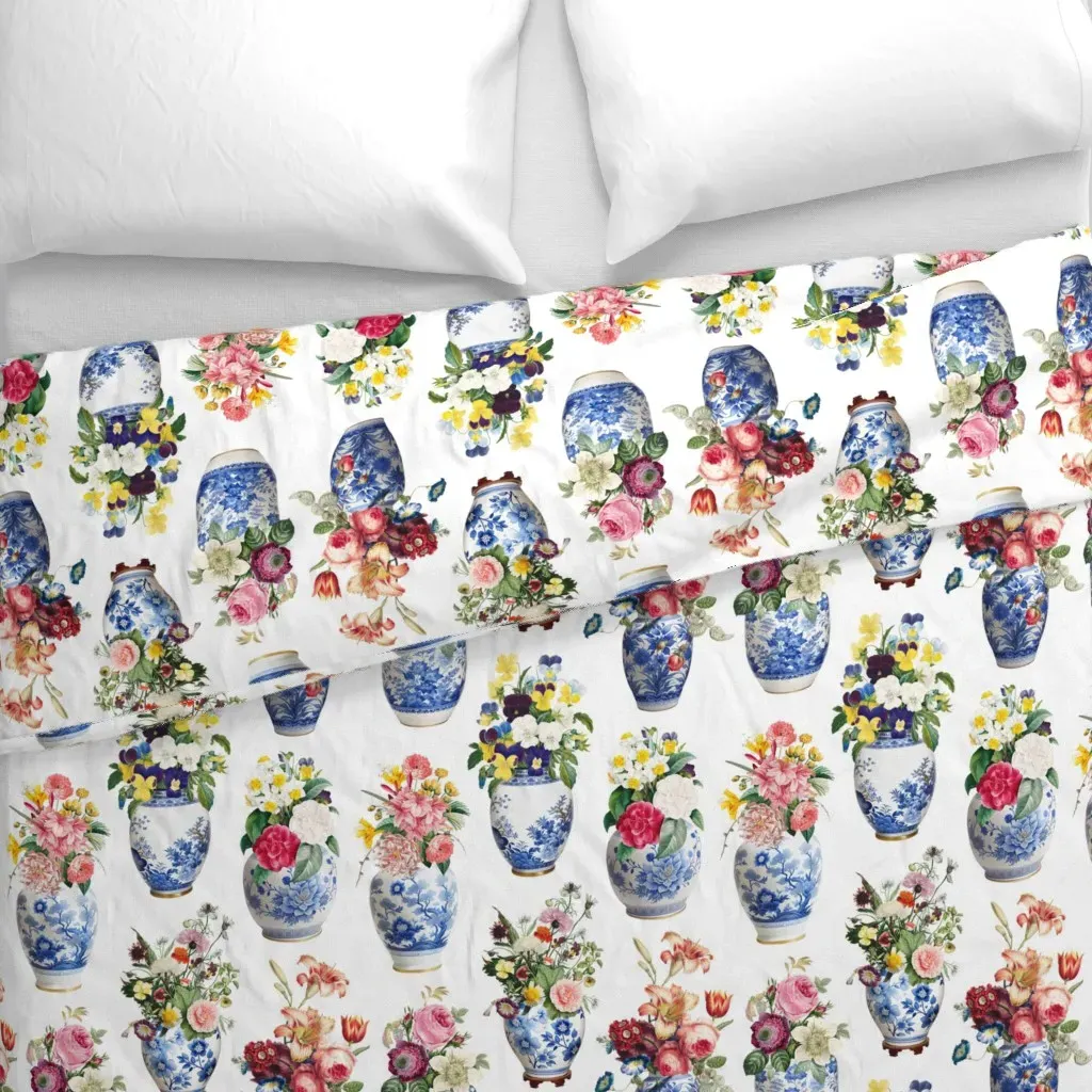 Floral Ginger Jar Chinoiserie Duvet Cover - White alternate view