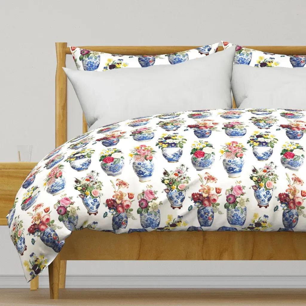 Floral Ginger Jar Chinoiserie Duvet Cover - White product