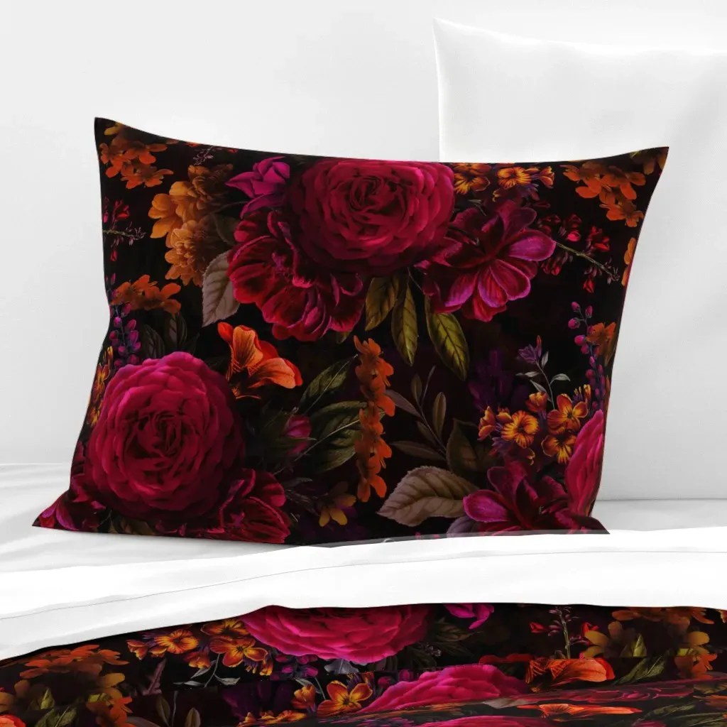 Floral Gothic Wide Cotton Sateen Standard Pillow - Crimson Red product