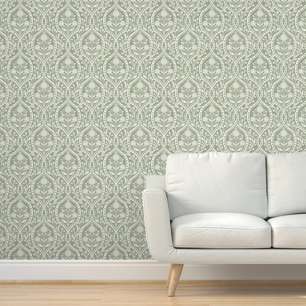 Floral Heritage Revival Damask Peel and Stick Wallpaper - Dark Sage Green product