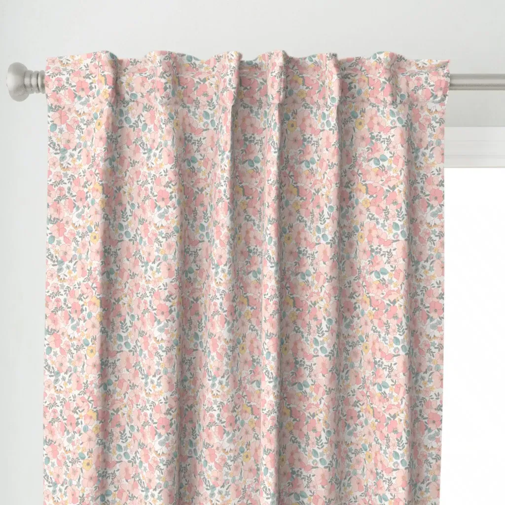 Floral Illustrated 70s Curtain Panel - Pink alternate view