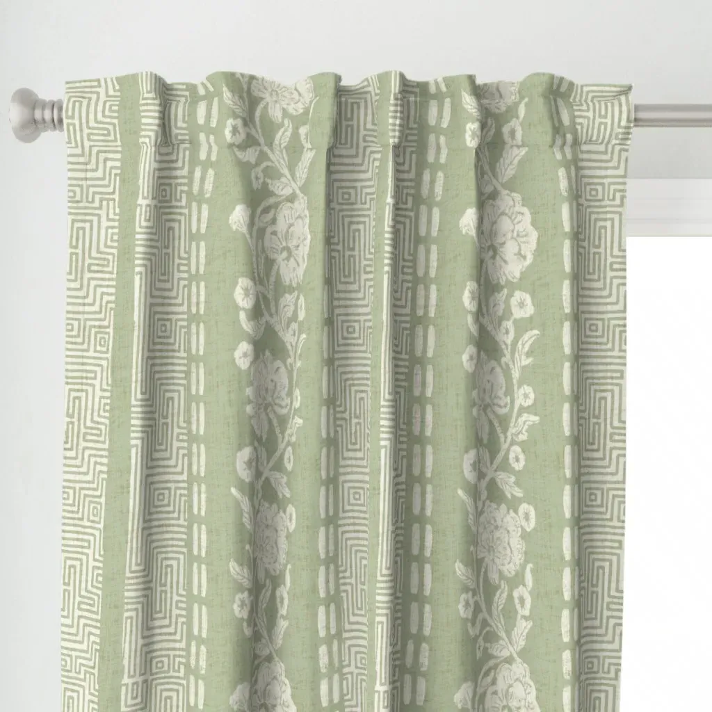 Floral Linocut Block Curtain Panel - Green alternate view